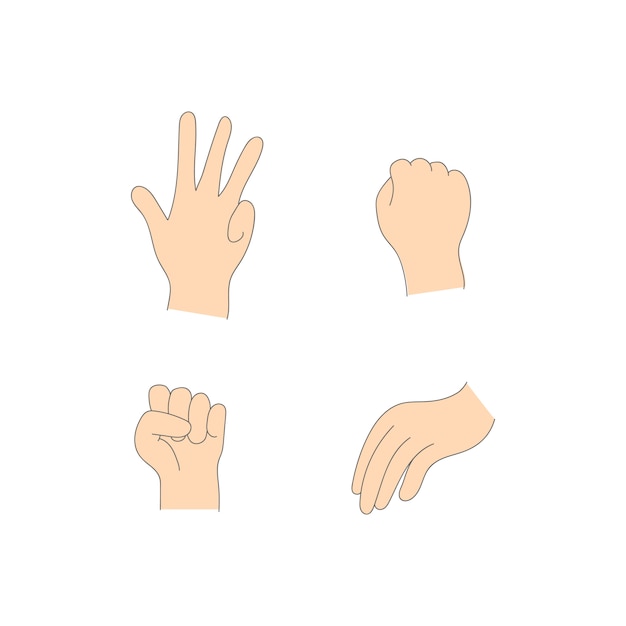 Vários gestos de mãos humanas isoladas em um fundo branco. Conjunto de palmas mostrando vários gestos. Palm apontando para algo. ilustração de mãos femininas e masculinas.