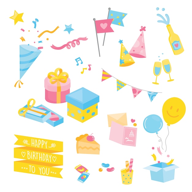 Vários itens de festa bonito, cor pastel de ilustração com decoração de festa.
