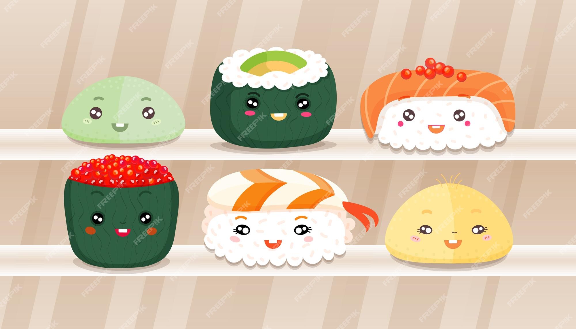 desenhar engraçado kawaii nigiri sushi roll ilustração vetorial