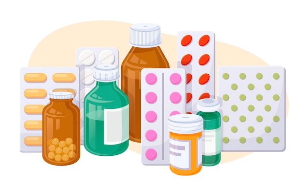 Vetor vários medicamentos comprimidos cápsulas blisters frascos de vidro com medicamento líquido e tubos de plástico com
