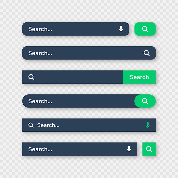 Vetor vários modelos de barra de pesquisa de modo escuro motor de navegador de internet com barra de endereço de caixa de pesquisa e texto
