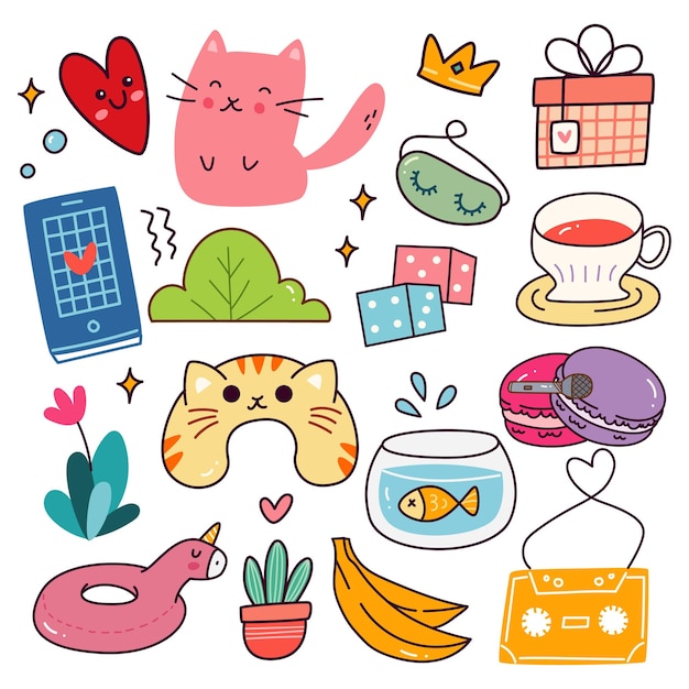 Vários objetos no estilo Kawaii Doodle