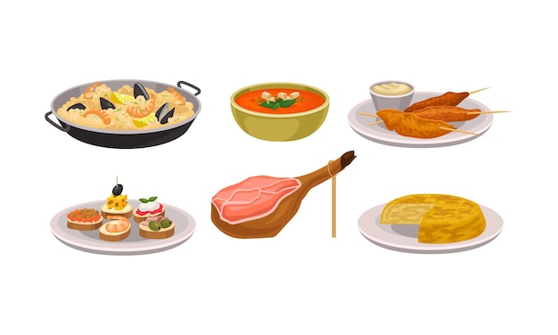 Vários pratos servidos em tigelas e pratos Conjunto vetorial Conceito de refeição deliciosa