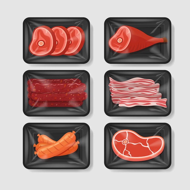 Vários produtos à base de carne em recipiente de bandeja plástica com tampa de celofane. Recipiente de comida de plástico. ilustração.