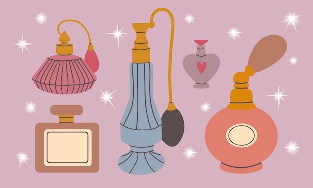 Vários produtos de perfume desenhados à mão em ilustração de garrafas de vidro em estilo simples