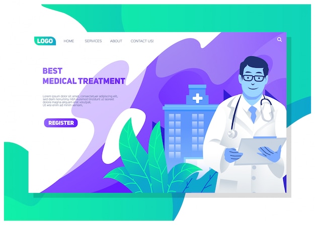 vários serviços hospitalares trabalham com médicos e enfermeiros, bem como o melhor tratamento, seguro de vida e proteção à saúde design da página de destino dos sites de interface do usuário e do usuário