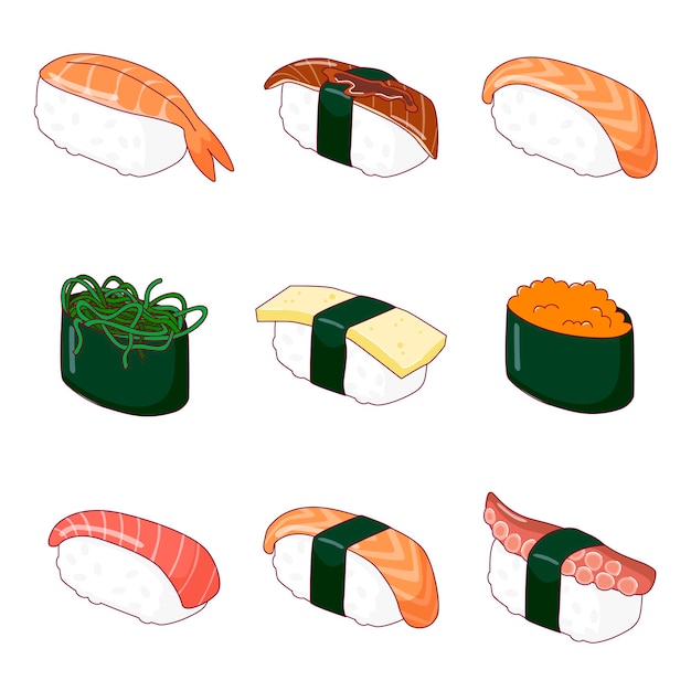 Vários sushi e nigiri conjunto de vetores coloridos desenhados à mão estilo de desenho animado japonês ilustração moderna
