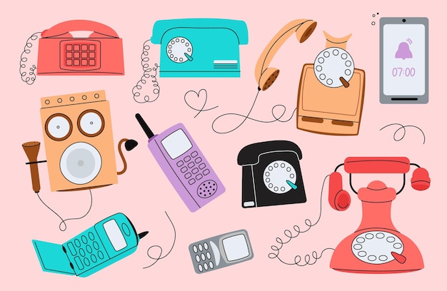 Vetor vários telefones planos telefones de fio históricos tecnologia de comunicação vintage telefones isolados telefones de chamadas coloridos aparelhos de chamada e telefones celulares vector decente conjunto retro de equipamentos ilustração telefônica