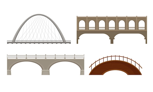 Vários tipos de pontes feitas de concreto e metal isoladas em conjunto vetorial de fundo branco