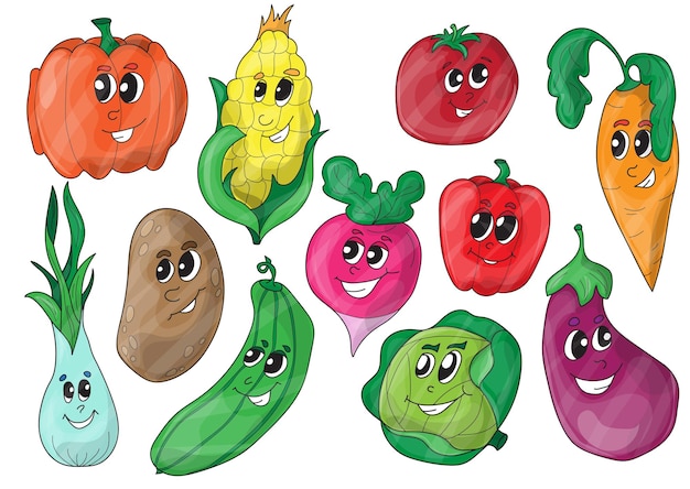 Vários vegetais engraçados dos desenhos animados. vector clip art