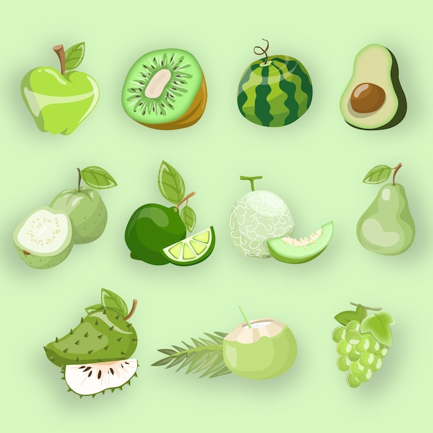 Vários vetores de frutas com a mesma cor de verde