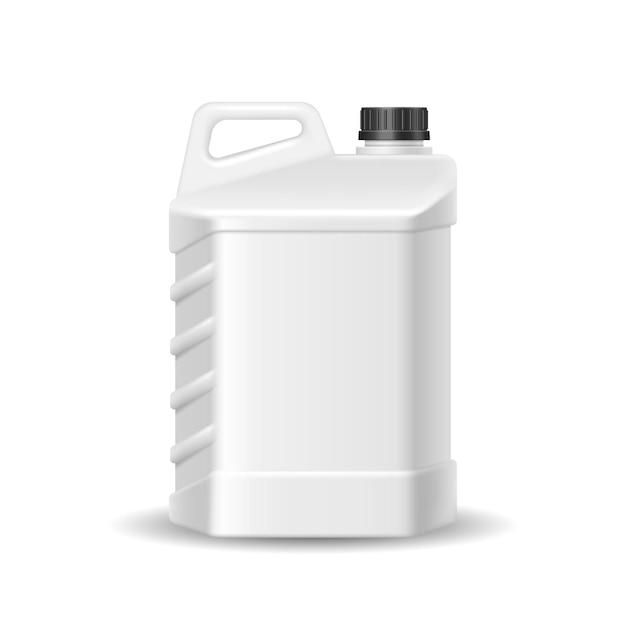 Vetor vasilha de plástico branca com etiqueta em branco, maquete realista. recipiente de jarro com alça e molde de tampa de rosca. embalagem grande para sabonete líquido ou limpador. ilustração vetorial