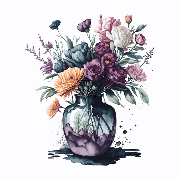 Vaso de aquarela vetorial com flor nele