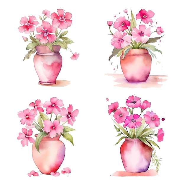 Vaso de ilustração em aquarela de flores cor de rosa