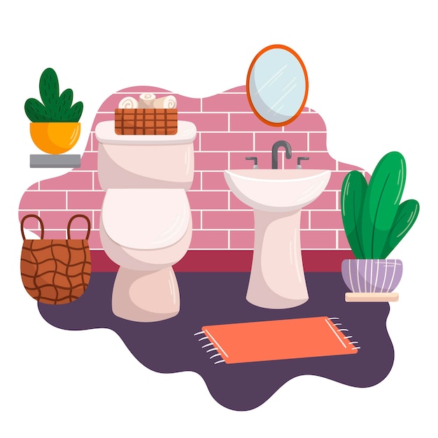 Vetor vaso sanitário de design de interiores de banheiro moderno e pia de cerâmica com espelho, vasos de plantas, cesta e tapete em casa
