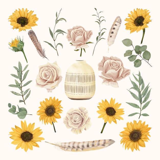 Vaso vintage com flores e penas