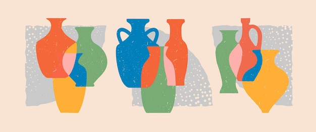 Vasos de cerâmica diferentes formas coloridas silhuetas em camadas antigas cerâmicas antigas