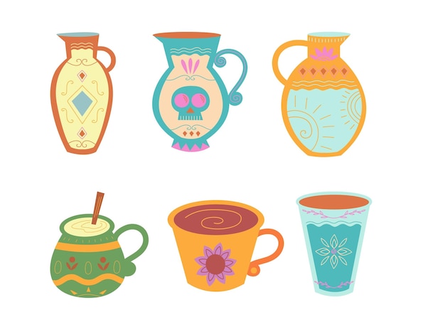 Vetor vasos de cerâmica e canecas com ilustração vetorial de padrões florais