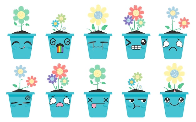 Vasos de flores coloridos com rostos expressivos Ilustração vetorial de plantas com emoticons bonitos