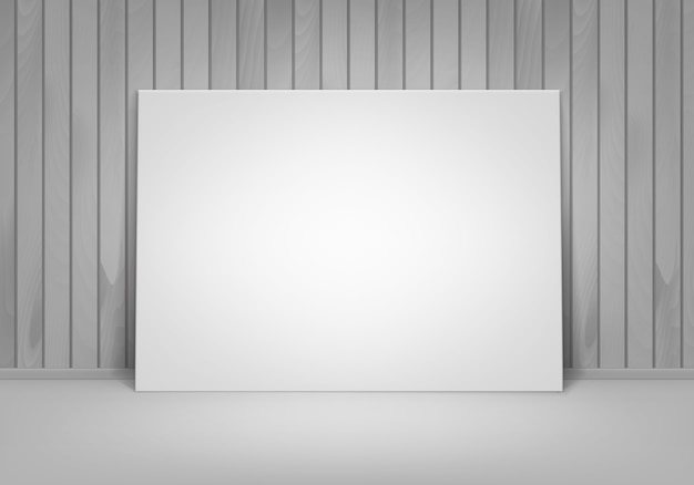 Vazio em branco branco mock-up pôster Moldura de pé no chão com vista frontal da parede de madeira