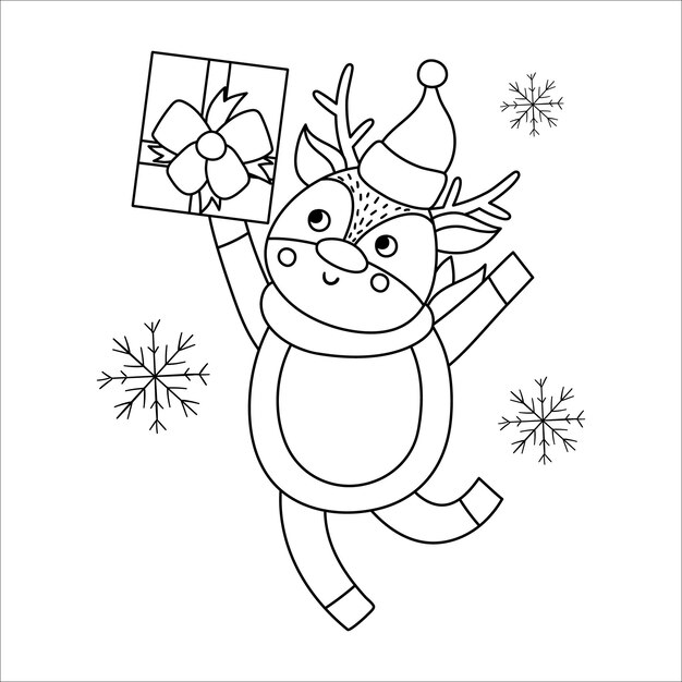 Veado de vetor preto e branco com chapéu e lenço com caixa de presente e flocos de neve. Ilustração de linha animal de inverno bonito com presente nas mãos. Design de cartão de Natal engraçado. Modelo de impressão de ano novo