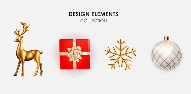 Veado dourado, caixa de presente, floco de neve e decoração de bola 3d para design de natal e ano novo. ilustração vetorial