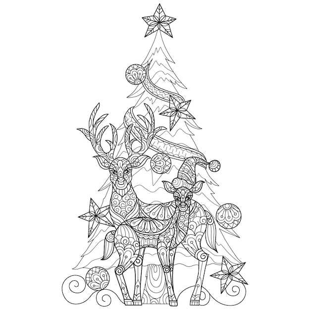 Veado e árvore de natal, ilustração de esboço desenhado de mão para livro de colorir adulto.