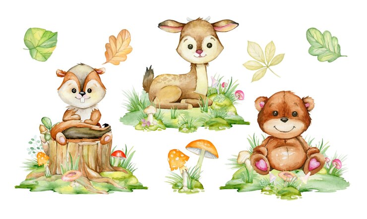 Vetor veado urso esquilo planta de cogumelos conjunto de aquarela de cliparts animais da floresta