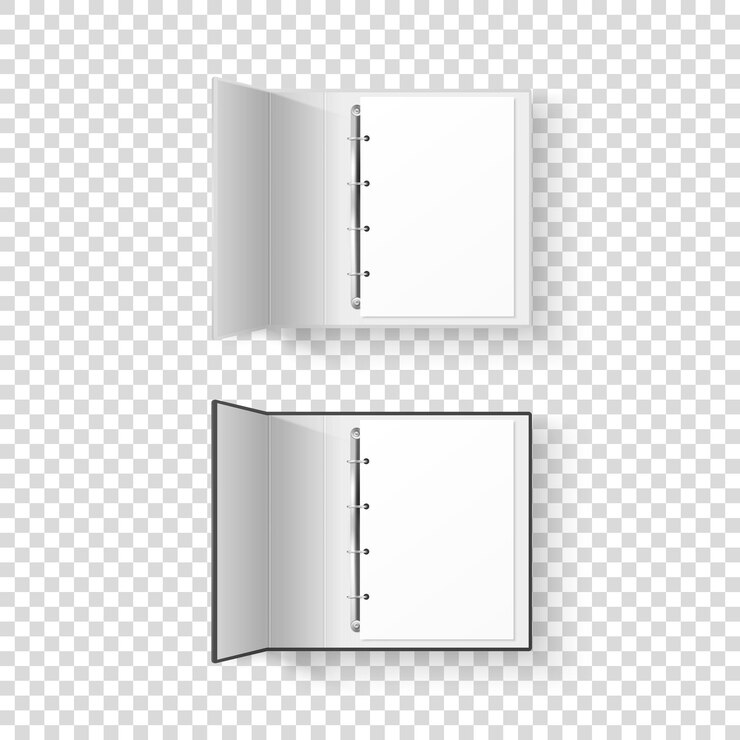 Vetor vector 3d abriu fichário de escritório branco e preto realista conjunto com anéis de metal e folha de papel a4 closeup isolado em modelo de design de fundo transparente vista superior