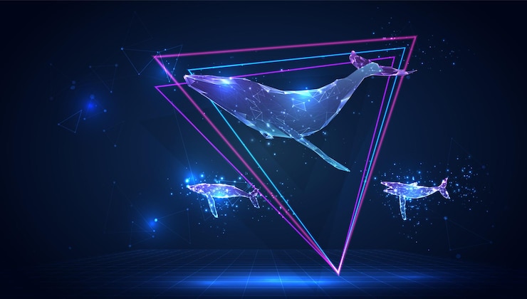 Vetor vector 3d baleia em um fundo azul no espaço virtual