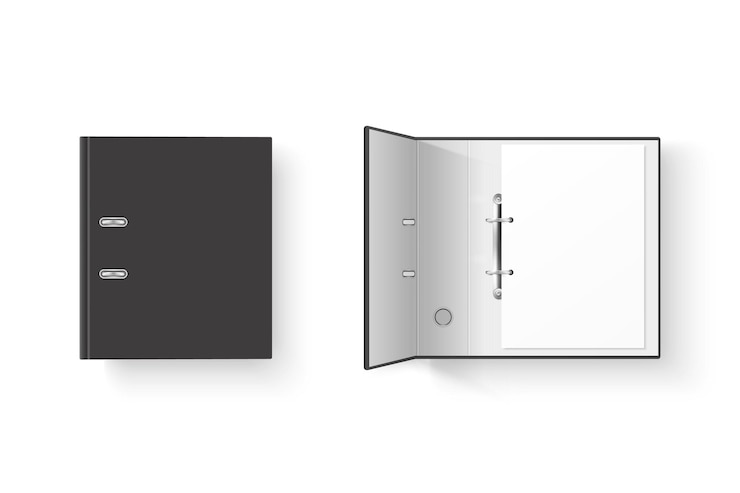 Vetor vector 3d fechado e aberto fichário de escritório em branco preto realista conjunto com anéis de metal e folha de papel a4 closeup isolado no fundo branco modelo de design maquete vista superior