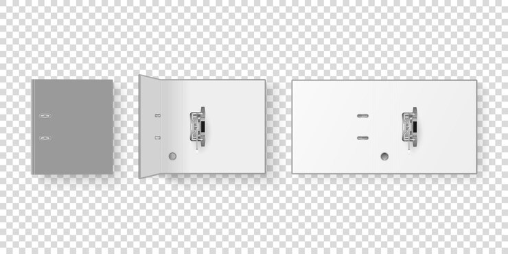 Vetor vector 3d fechado e aberto realista cinza vazio em branco fichário de escritório conjunto com anéis de metal para folha de papel a4 closeup isolado no fundo transparente modelo de design maquete vista superior