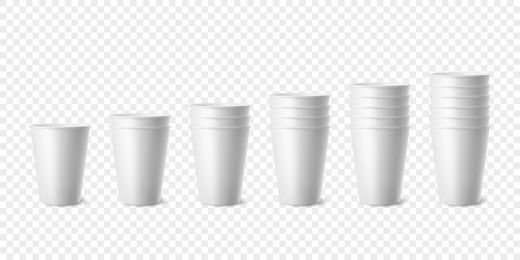 Vetor vector 3d papel branco realista brilhante copo descartável conjunto pilha de copo para bebidas bebidas isolado café refrigerante chá cocktail modelo de design de embalagem para maquete vista frontal
