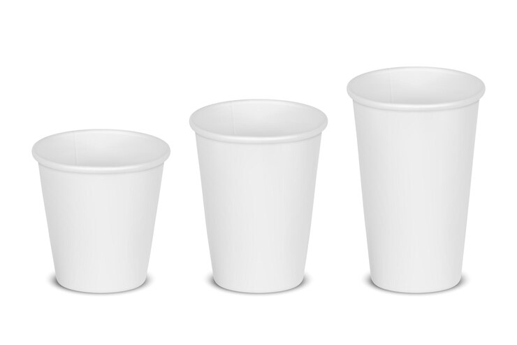 Vetor vector 3d papel realista branco descartável em branco vazio chá xícara de café conjunto isolado no fundo branco pequeno tamanho médio grande estoque ilustração vetorial modelo de design vista frontal