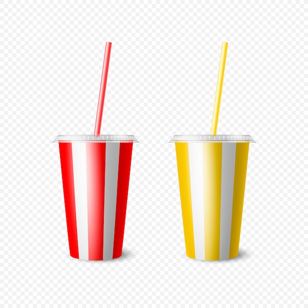 Vetor vector 3d papel realista copo descartável definido para bebidas isolado amarelo vermelho listras brancas café refrigerante chá coquetel milkshake modelo de design de embalagem para maquete vista frontal