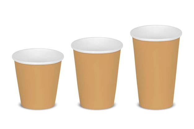 Vector 3d papel realista marrom descartável em branco vazio chá xícara de café conjunto isolado no fundo branco pequeno tamanho médio grande estoque ilustração vetorial modelo de design vista frontal