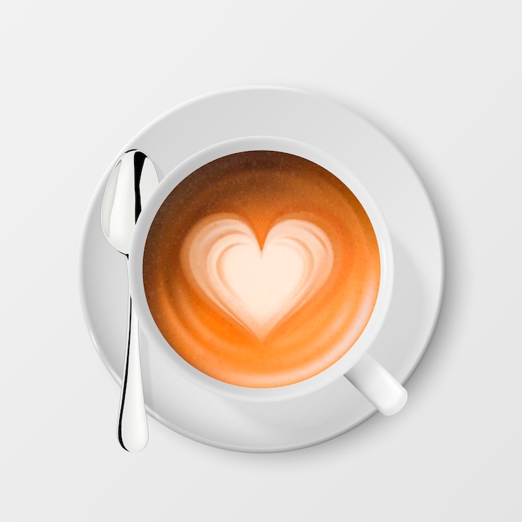 Vetor vector 3d realista branco porcelana caneca de cerâmica leite café espuma padrão de coração aço prata colher pires isolado capuccino latte modelo de design para maquete vista superior
