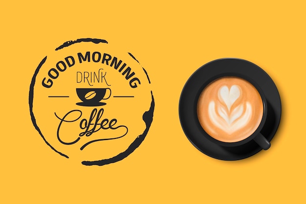 Vector 3d realista caneca de porcelana de cerâmica preta com espuma de café Capuchino Latte Americano xícara de café com tipografia citação frase sobre café estoque ilustração modelo de design vista superior