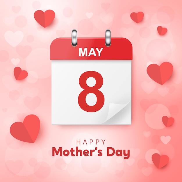 Vector 3d realista cartão de dia das mães com clássico simples minimalista calendário vetor banner em fundo rosa vermelho feliz dia das mães conceito 8 de maio