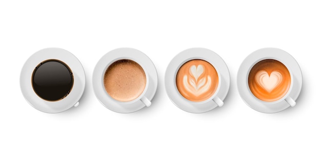 Vetor vector 3d realista cerâmica porclean caneca de café branco copo pires leite espuma de café conjunto isolado espresso capuccino latte flor coração padrão ilustração vetorial modelo de design vista superior