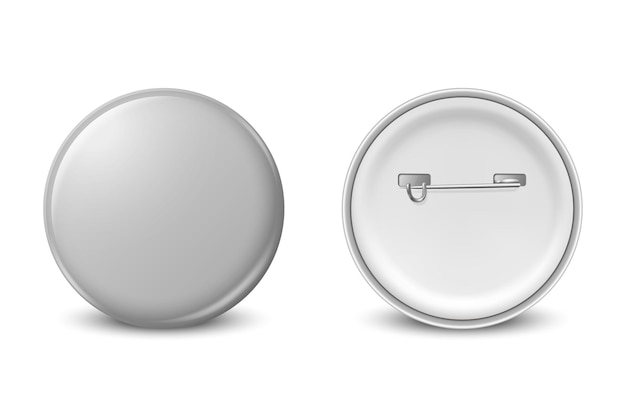 Vector 3d Realista cinza redondo metal plástico em branco botão vazio emblema ícone de close-up isolado front back side view botão pin emblema broche brilhante pin front view modelo para branding mockup