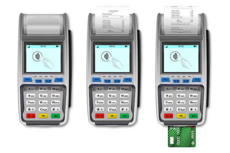 Vetor vector 3d realista conjunto de máquina de pagamento pos terminal de papel recibo cartão de crédito isolado modelo de design banco pagamento terminal maquete processamento nfc dispositivo de pagamentos vista superior