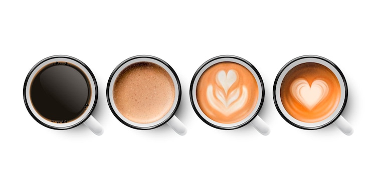 Vetor vector 3d realista esmalte metal caneca branca com preto e espuma de leite café isolado no fundo branco capuccino latte espresso flor coração padrão vista superior modelo de design para mock up