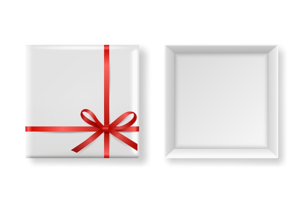 Vector 3d realista fechado aberto papel branco caixa de presente de natal laço vermelho isolado ano novo natal dia dos namorados ou conceito de aniversário modelo de design de presente de natal embalagem vista superior