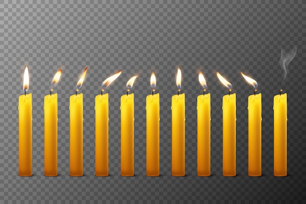 Vector 3d realista laranja parafina ou cera queimando velas com diferentes chama ícone conjunto closeup isolado no modelo de design de fundo transparente Clipart