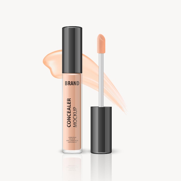 Vector 3d realista Lip Gloss Foundation Concealer Corrector Pacote Tampa Preta Gloss Labial Curso Isolado Vidro Recipiente Tubo Plástico Garrafa Transparente Modelo de Design Mockup Vista Frontal