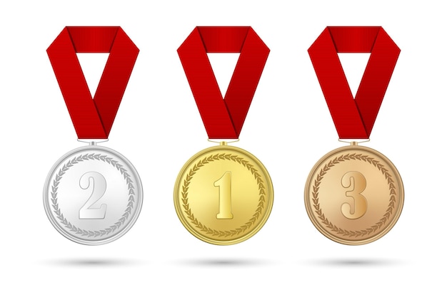 Vector 3d realista ouro prata e bronze prêmio medalha ícone conjunto com fitas de cor closeup isolado no fundo branco o primeiro segundo terceiro lugar prêmios torneio esporte vitória conceito