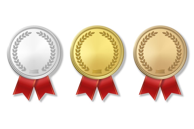 Vector 3d realista ouro prata e bronze prêmio medalha ícone conjunto com fitas de cor closeup isolado no fundo branco o primeiro segundo terceiro lugar prêmios torneio esporte vitória conceito