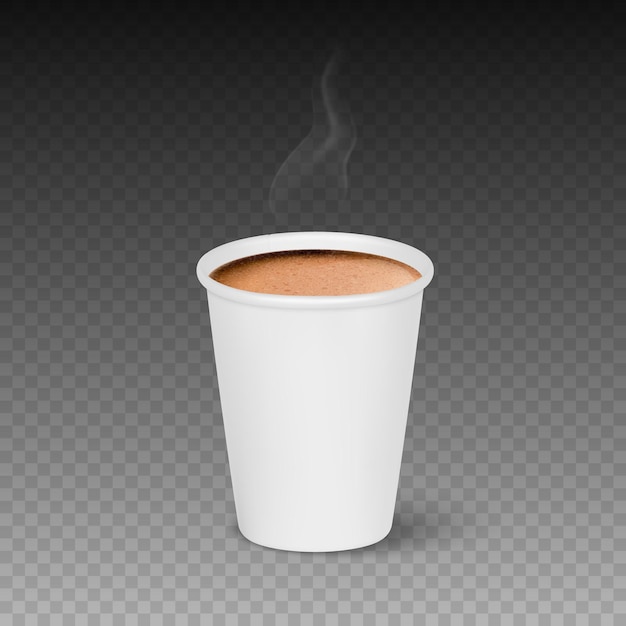 Vector 3d realista papel branco copo descartável isolado com leite quente espuma de café vapor café café com leite capuccino estoque ilustração vetorial modelo de design vista frontal