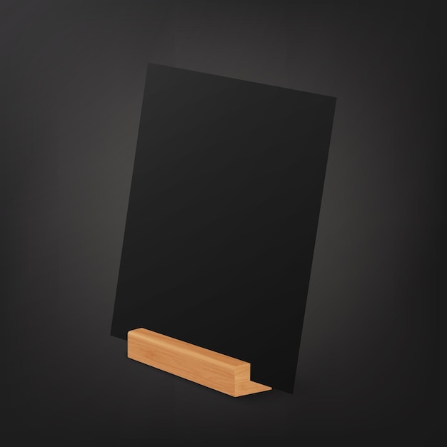 Vector 3d realista preto A4 A5 Vertical vazio folha de papel em branco cartão em suporte de madeira Icon Closeup Design Template for Mockup Menu Frame Booklets Acrylic Tent Card Half Turn Side View